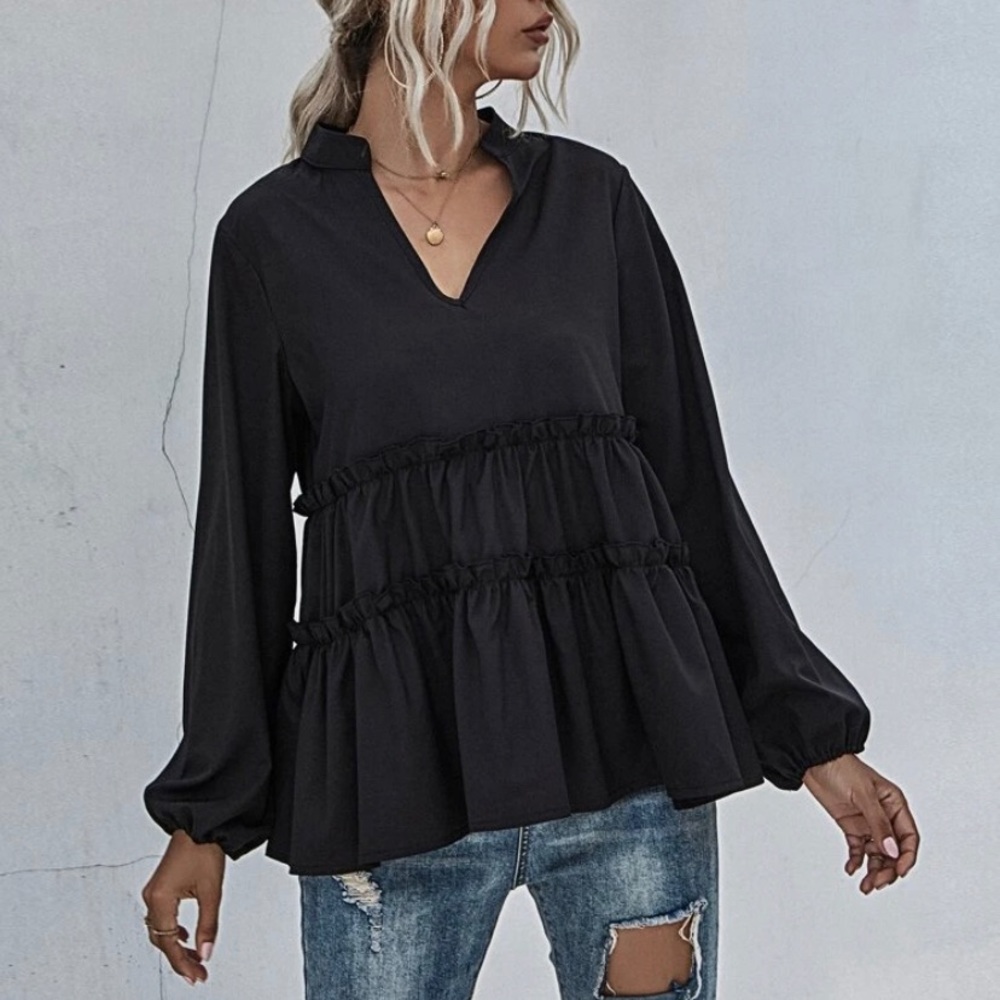 NOTCHED NECK FRILL RUFFLE HEM BLACK BLOUSE - Picture 4 of 8